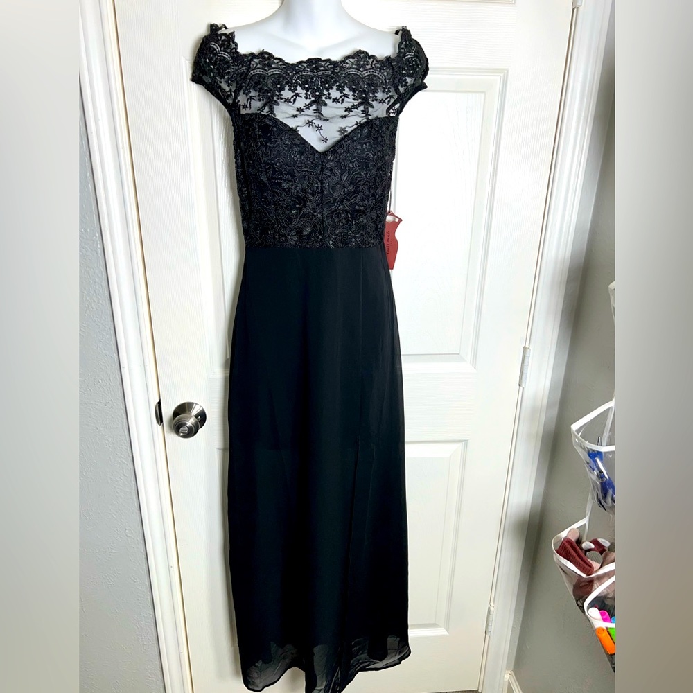 Black laced off the shoulder full length evening dress